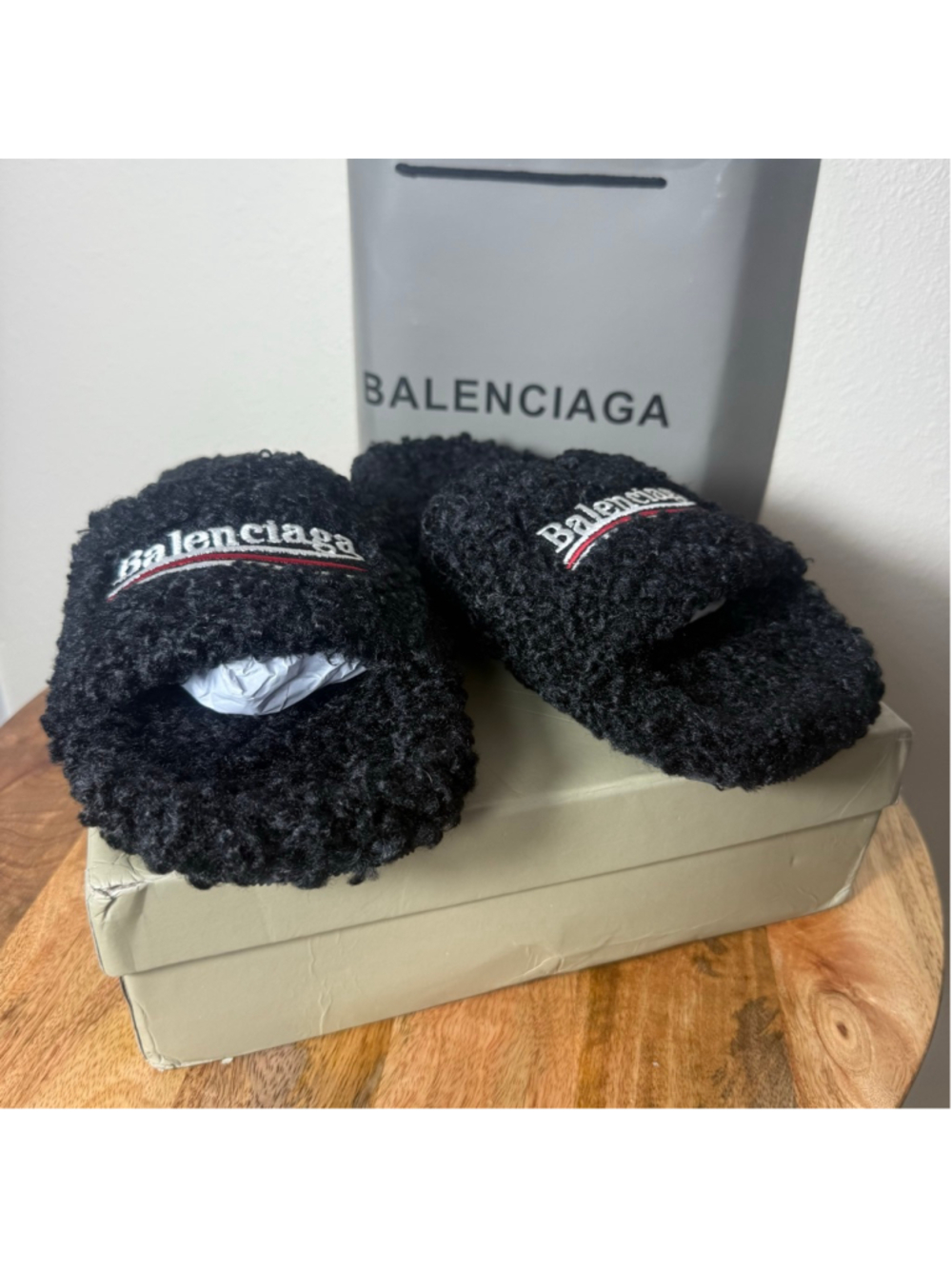 Balenciaga Black Red Logo Terry Cloth Slippers Size 12.5 - Picture 2 of 7